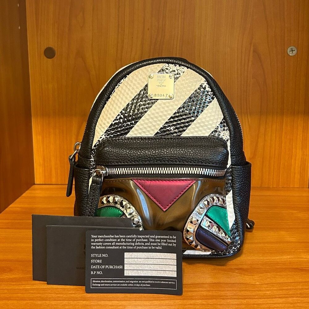 MCM Calfskin Striped X-Mini Roboter Mixed-Media Backpack Black White Multicolor